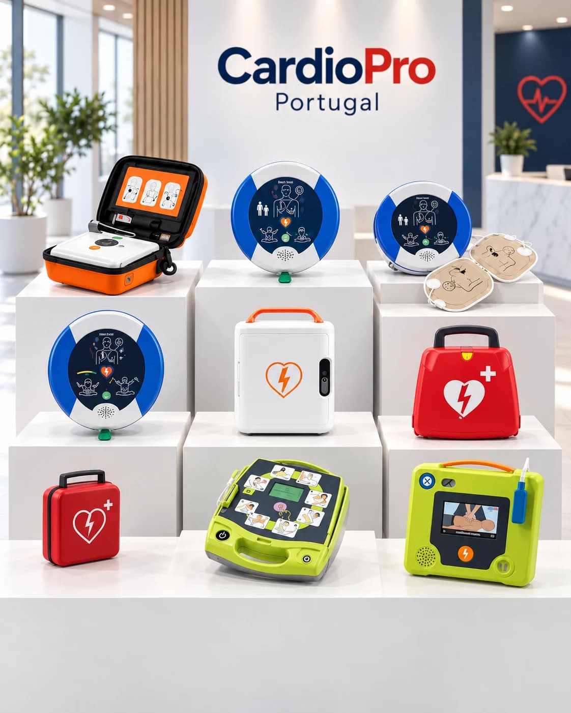 Ilustração de uma seleção de desfibrilhadores num showroom CardioPro Portugal